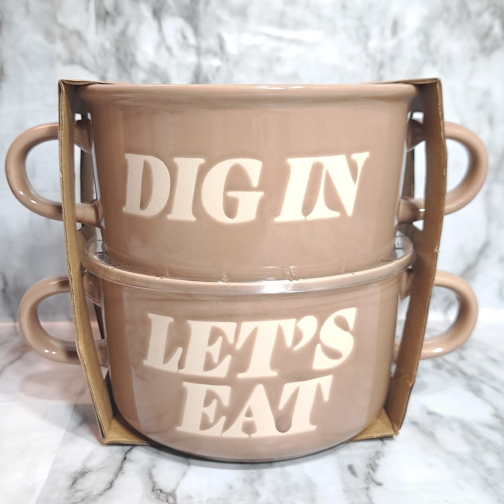 Set/2 ABODE Housewares Stoneware Bowls Brown Dig In Let's Eat 20 oz
